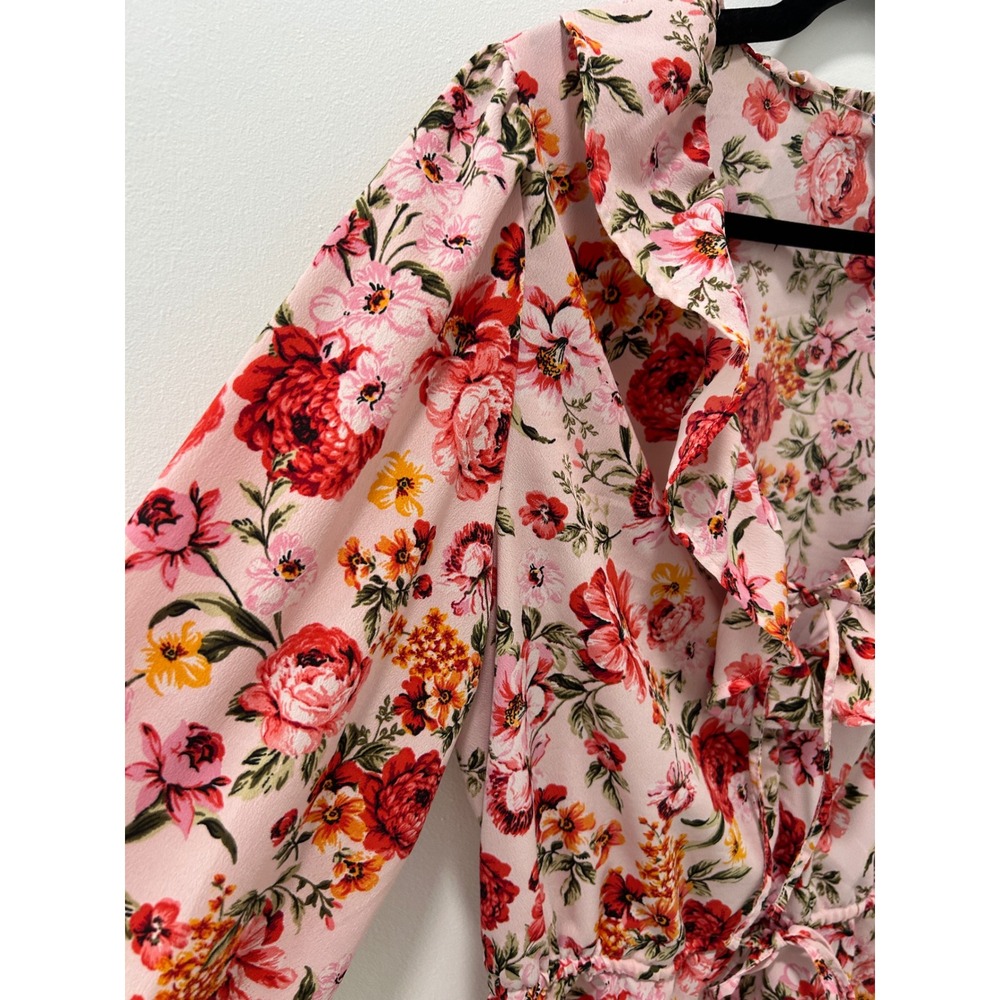 Old Navy Pink Floral Ruffle V-Neck Peplum Tie Front Blouse Long Sleeve Tall L - Picture 2 of 11